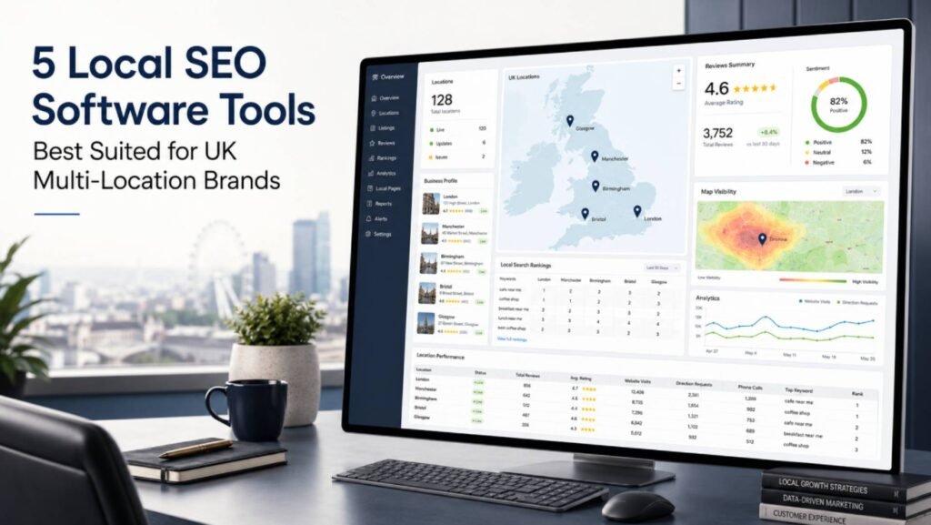 Local SEO software dashboard showing UK multi-location business listings, map rankings, reviews and location analytics.