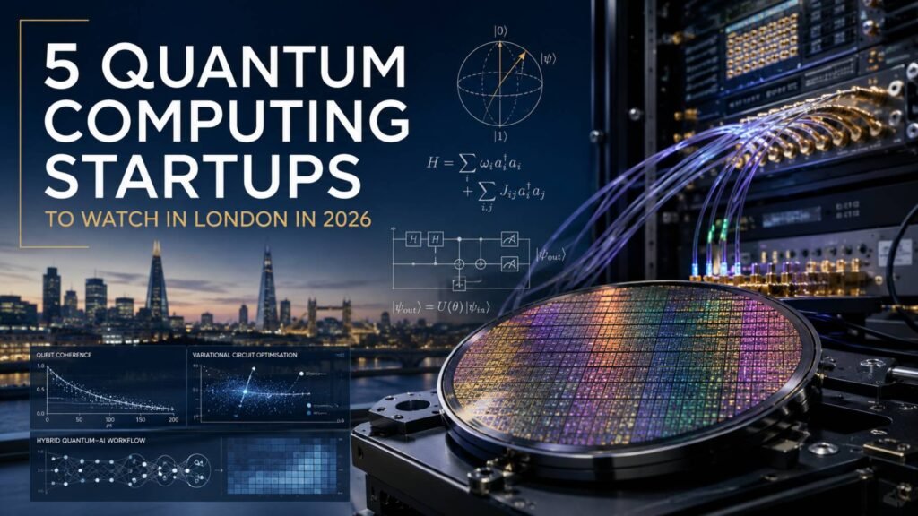 Quantum computing hardware and London skyline representing five quantum computing startups in London.